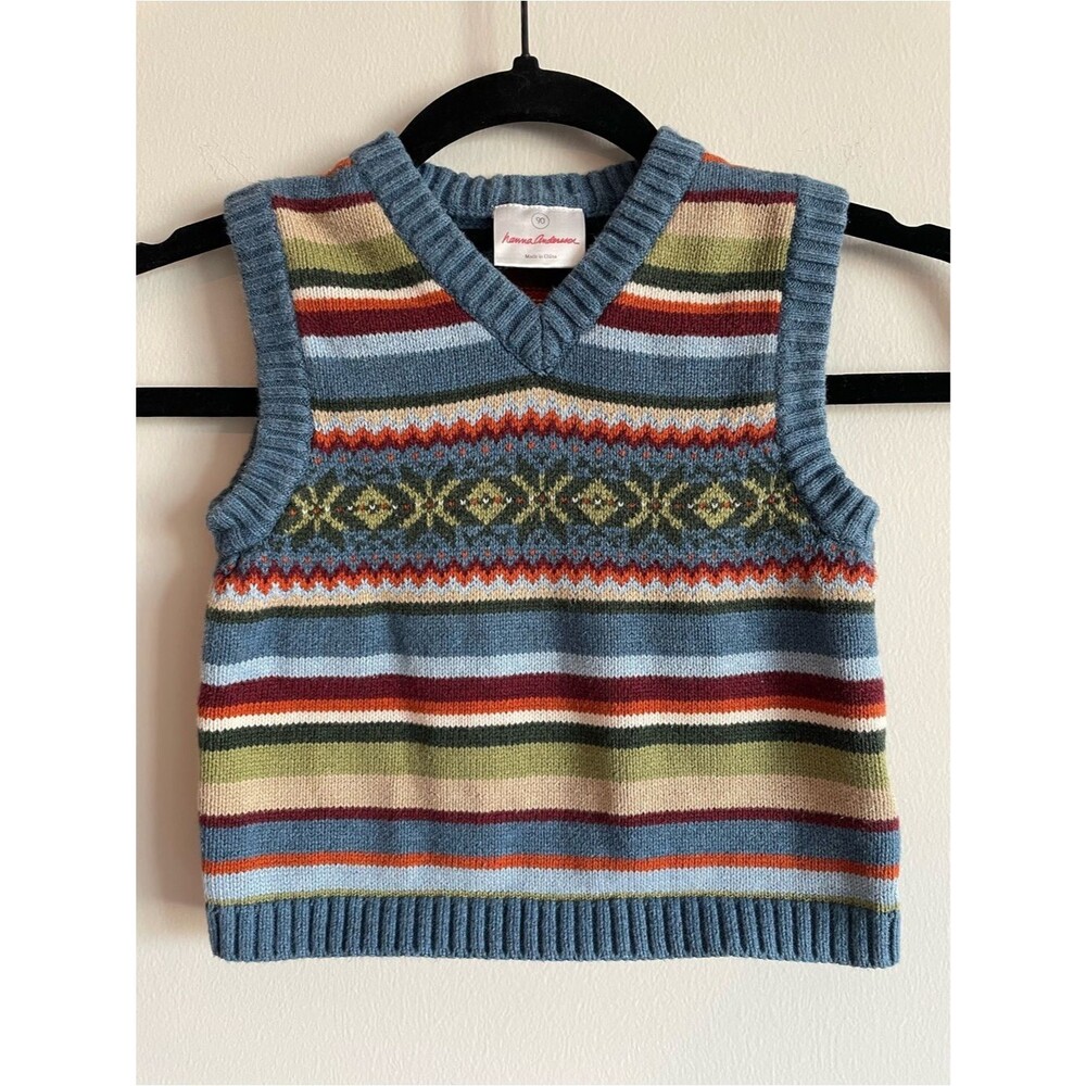 Hanna Andersson fair isle striped sweater vest 100% cotton preppy fall 90 3T